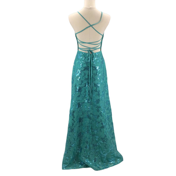 LULU'S SZ S Glittering Presence Teal Green Sequin Lace-Up Maxi Dress NEW B17 - Picture 3 of 9